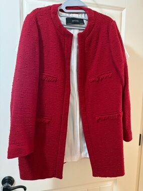 Zara Basic Red Textured Collarless Coat